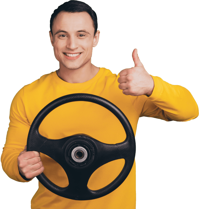 The Truck Driving School Driver holding staring and smiling with thumb up.